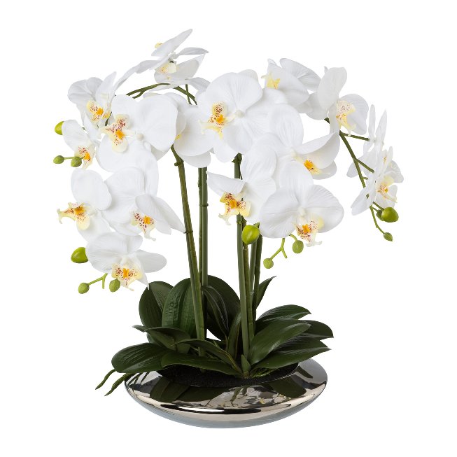 Kunstpflanze Orchidee in silbernen Keramikschale