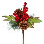 Artificial berry fir branch with cones 28cm