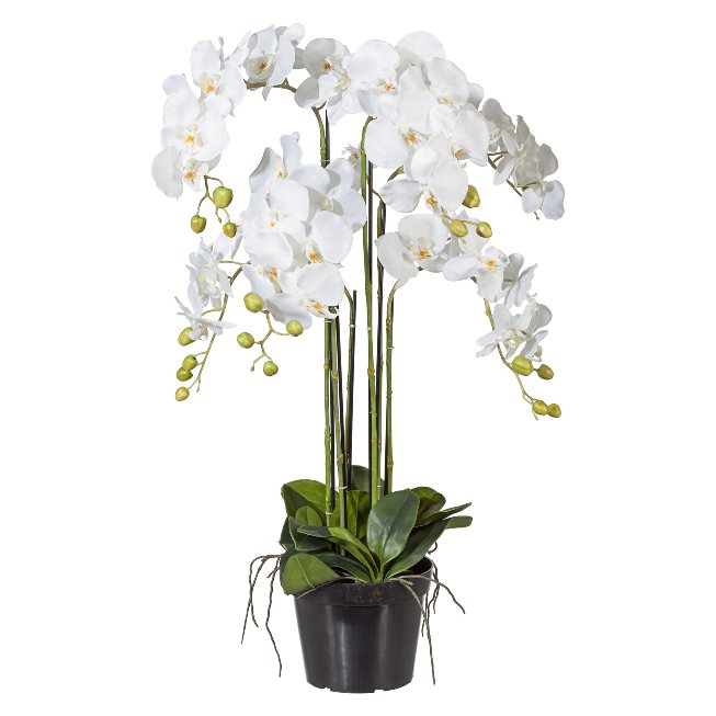 Artificial plant orchid in black plastic pot