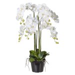 Artificial plant orchid in black plastic pot