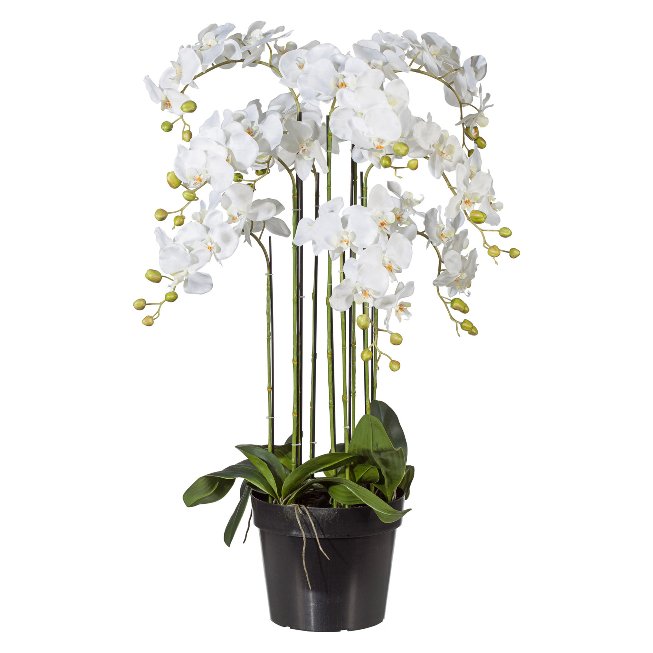 Artificial plant orchid in black plastic pot