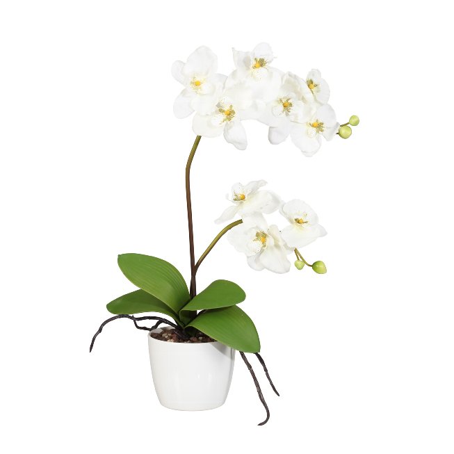 Artificial plant orchid in white ceramic pot