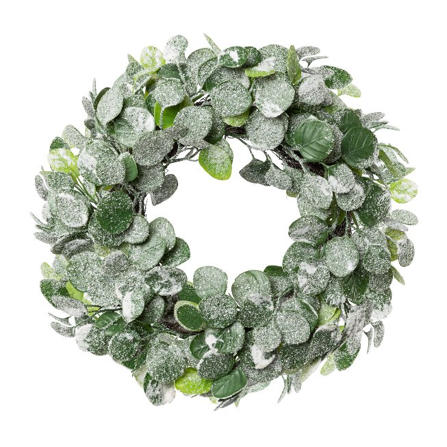 Artificial euykalyptus wreath with snow