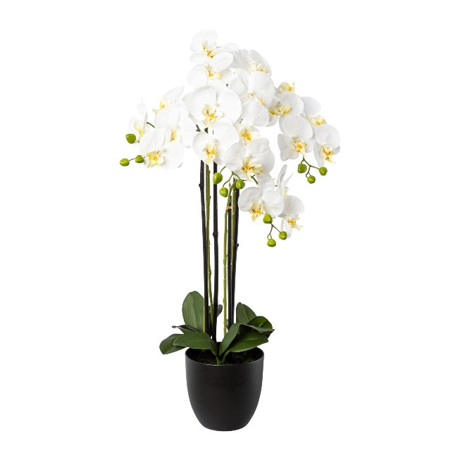 Artificial plant orchid in black resin pot