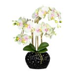 Artificial plant orchids in black ceramic vase
