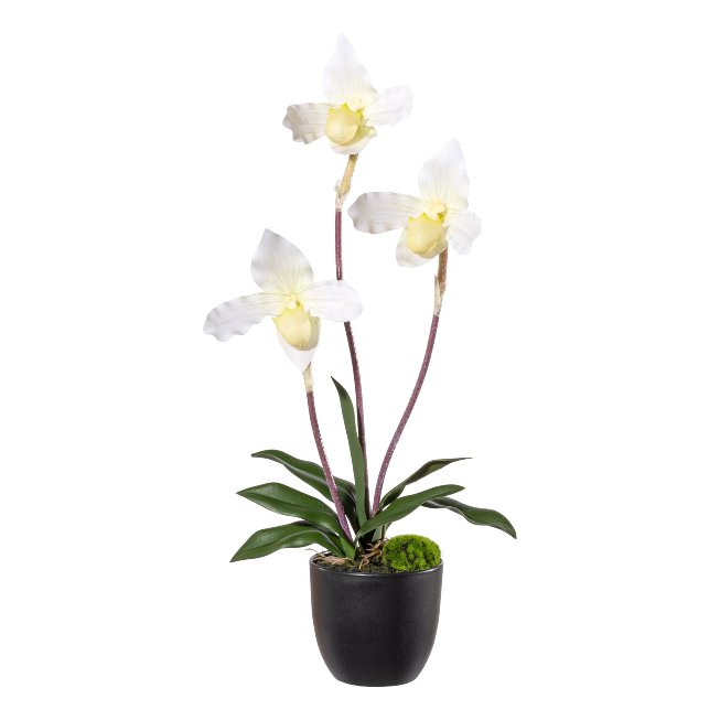 Artificial plant orchids in black plastic pot