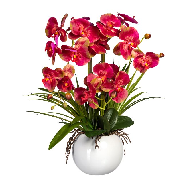 Artificial plant orchids in white ceramic pot
