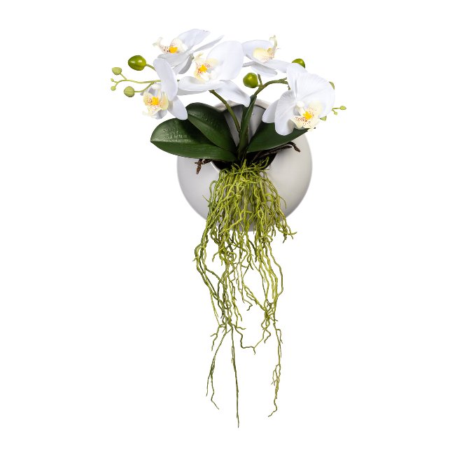 Artificial plants orchids in white wall hanging vase
