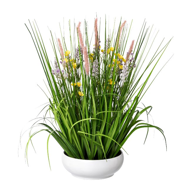 Grass mix with flowers in white bowl