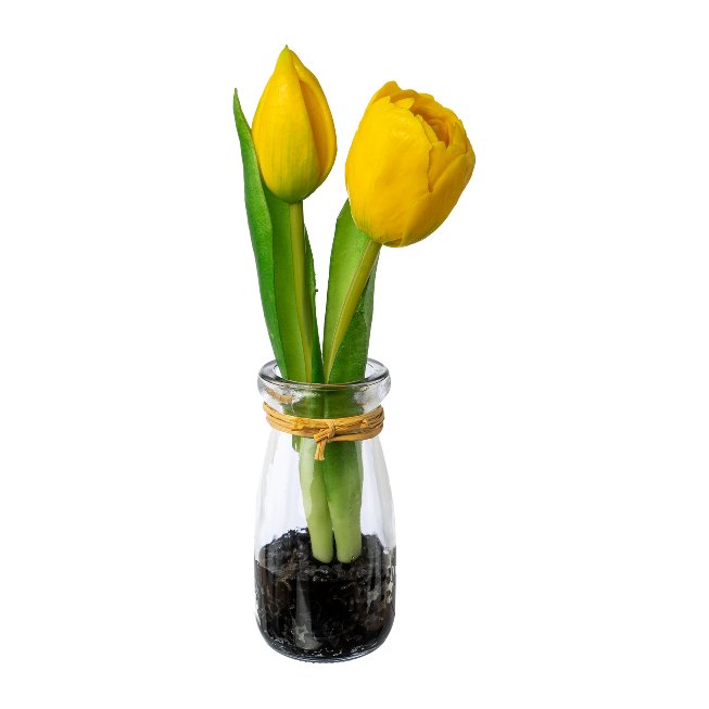 Artificial flower tulips in glass vase