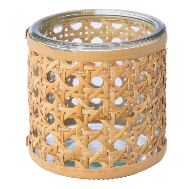 Glass lantern with rattan wrap