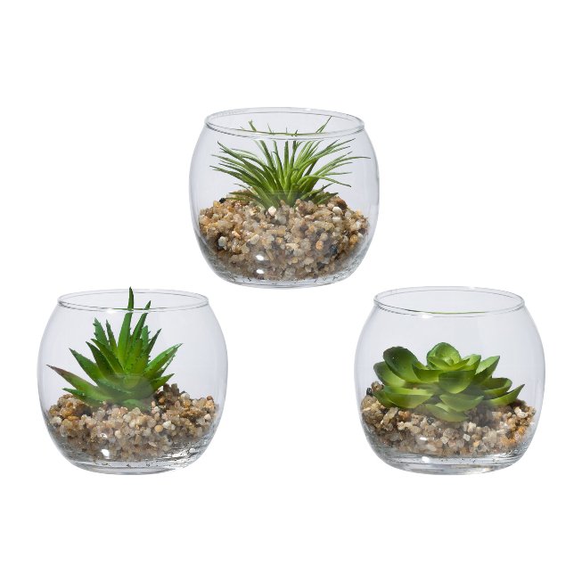 Set of 3 artificial plants in glass with decorative stones