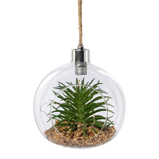 Set of 2 artificial plants in glass with decorative stones and LED