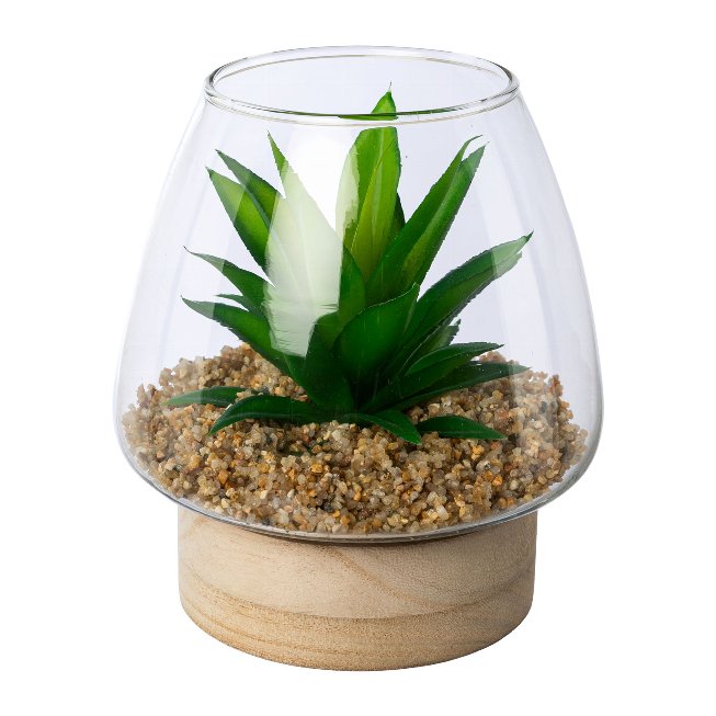 Set of 2 artificial plants in glass on wood