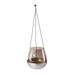 Glass lantern in metal bowl with leather holder STALE