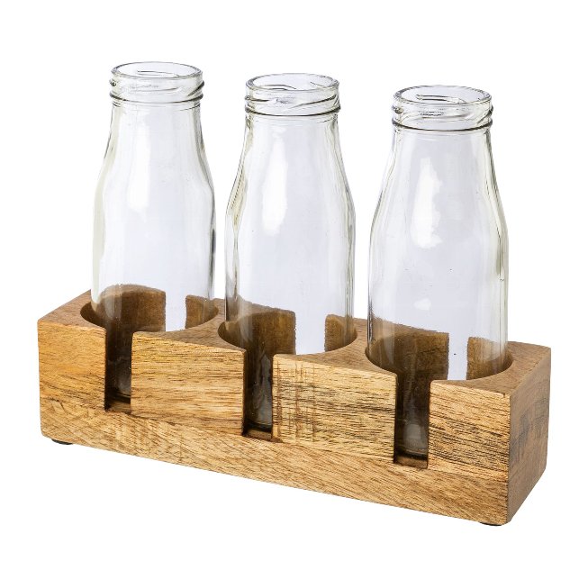 Bottle vases in wood rack with 3 glasses