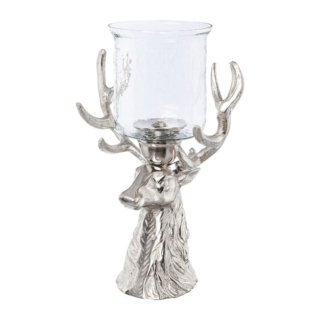 Glass lantern with aluminium deer head 37x19x12cm