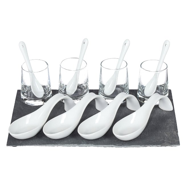 Dish Set slate plate + 4 glasses/spoons